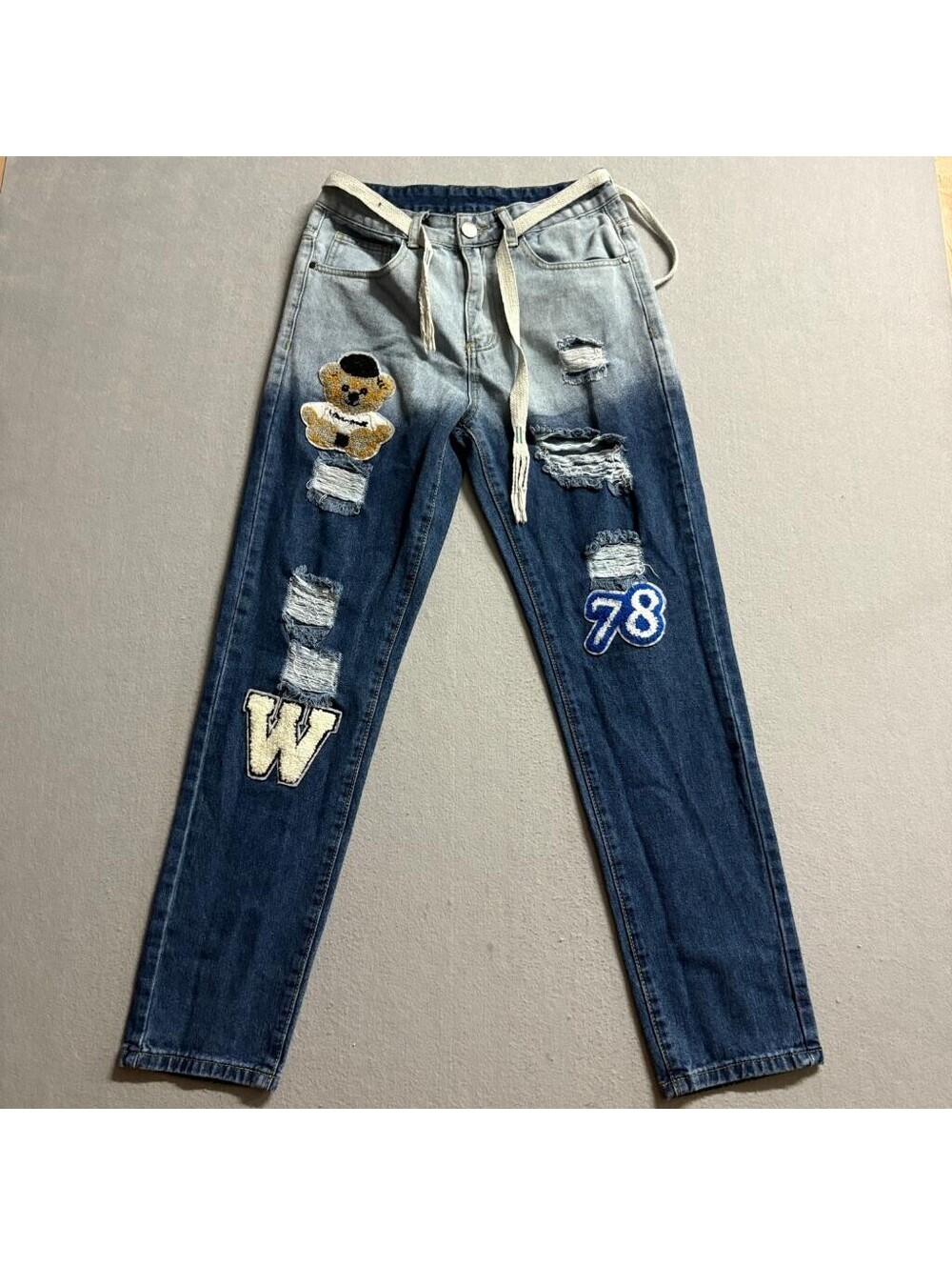 ClassicB Distressed Patchwork Jeans Womens Size 28 Ombre Blue Bear Varsity 78